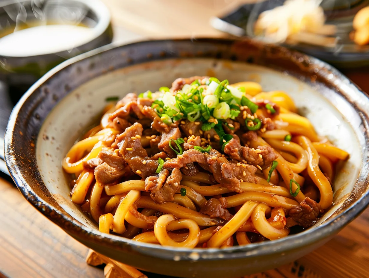 Udon sautées miso-gingembre et bœuf haché