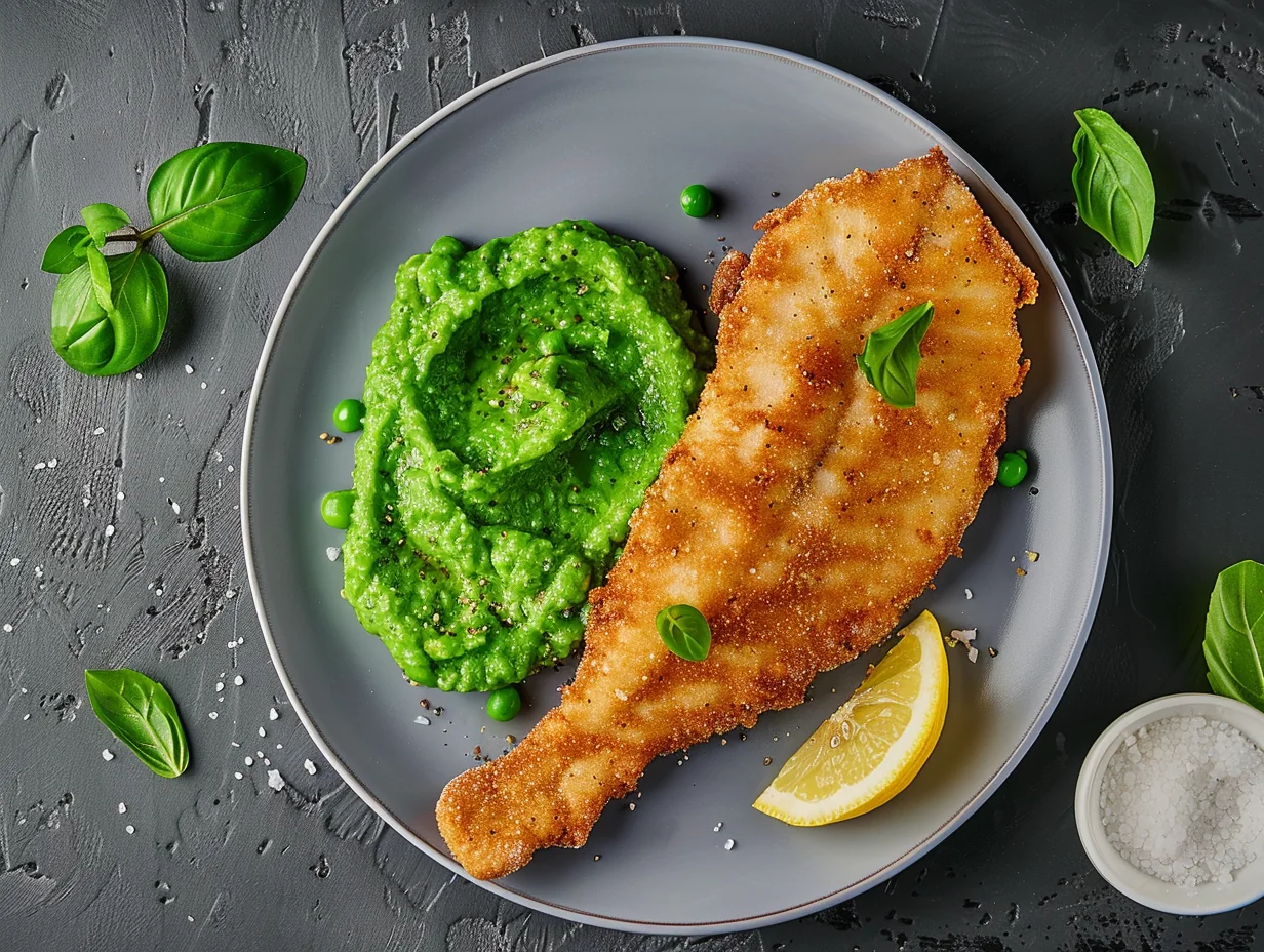 Poisson pané maison et purée de pois