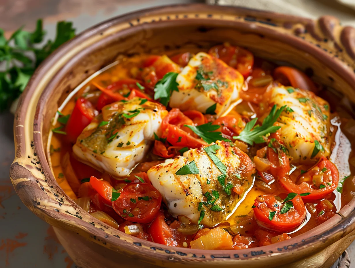 Tajine de merlu aux tomates et poivrons